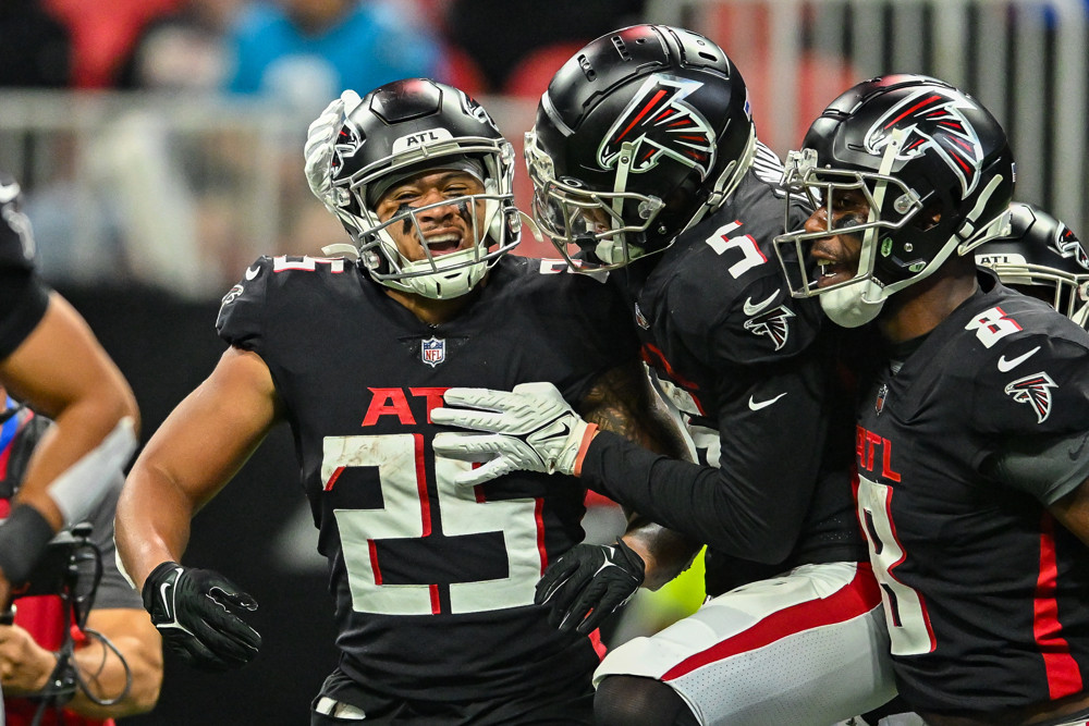 The face Goff made to ATL's Calais Campbell after throwing the TD